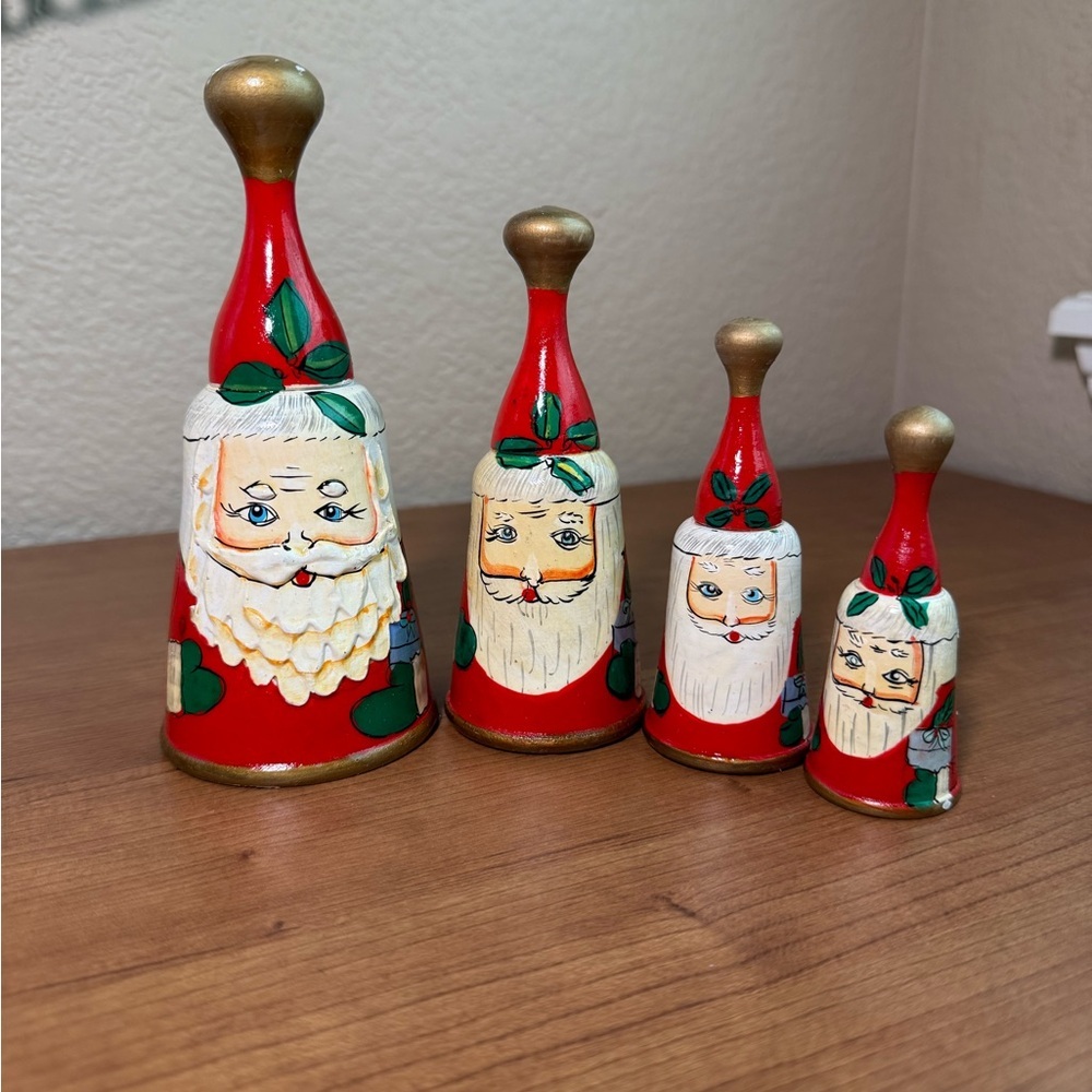 80s ENESCO Set 4 Folk Art Santa Bells Handpainted Wood Graduating Length